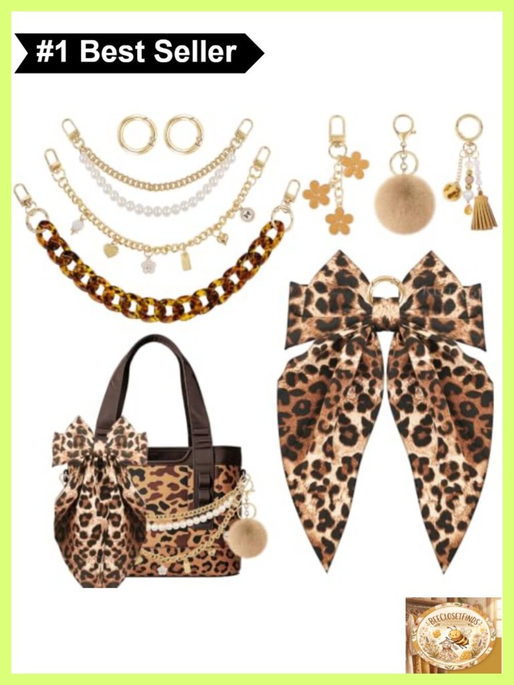 7 Piece Leopard Tote Bag Charm Set with Bow Pearl Chain Keychain Clips